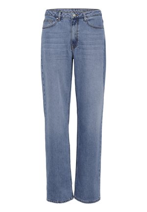 Jean en denim bleu à coupe droite, avec poches avant, passants pour ceinture, fermeture par bouton et détails légèrement décolorés sur les cuisses.