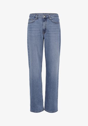 Jean en denim bleu à coupe droite, avec poches avant, passants pour ceinture, fermeture par bouton et détails légèrement décolorés sur les cuisses.