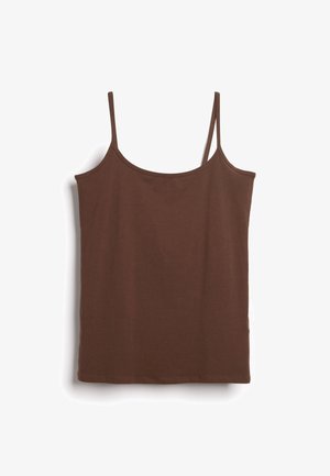 Brun top med tynde stropper, lavet af blødt materiale. Har en rund udskæring og en afslappet pasform, med sømløse kanter for en glat finish.