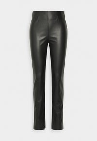 Pantalon slim taille haute en similicuir noir avec pinces avant et fermetures éclair aux chevilles sur fond blanc.