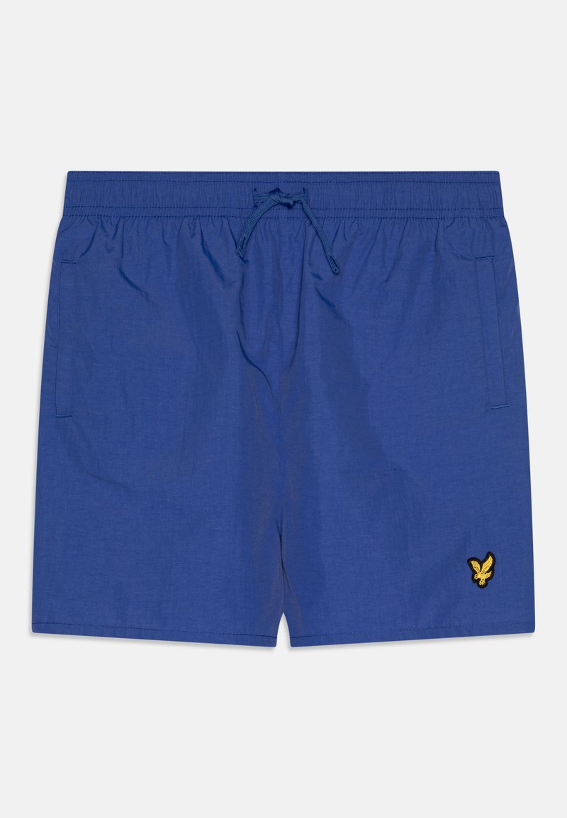 Modré plavky s texturovaným povrchem, elastickým pasem a šňůrkou na stažení. Na dolní pravé straně mají malé vyšívané logo.