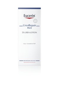 Eucerin UreaRepair Plus lotion in a white bottle with blue and red accents. Text includes "5% Urea Lotion" and benefits for dry skin.