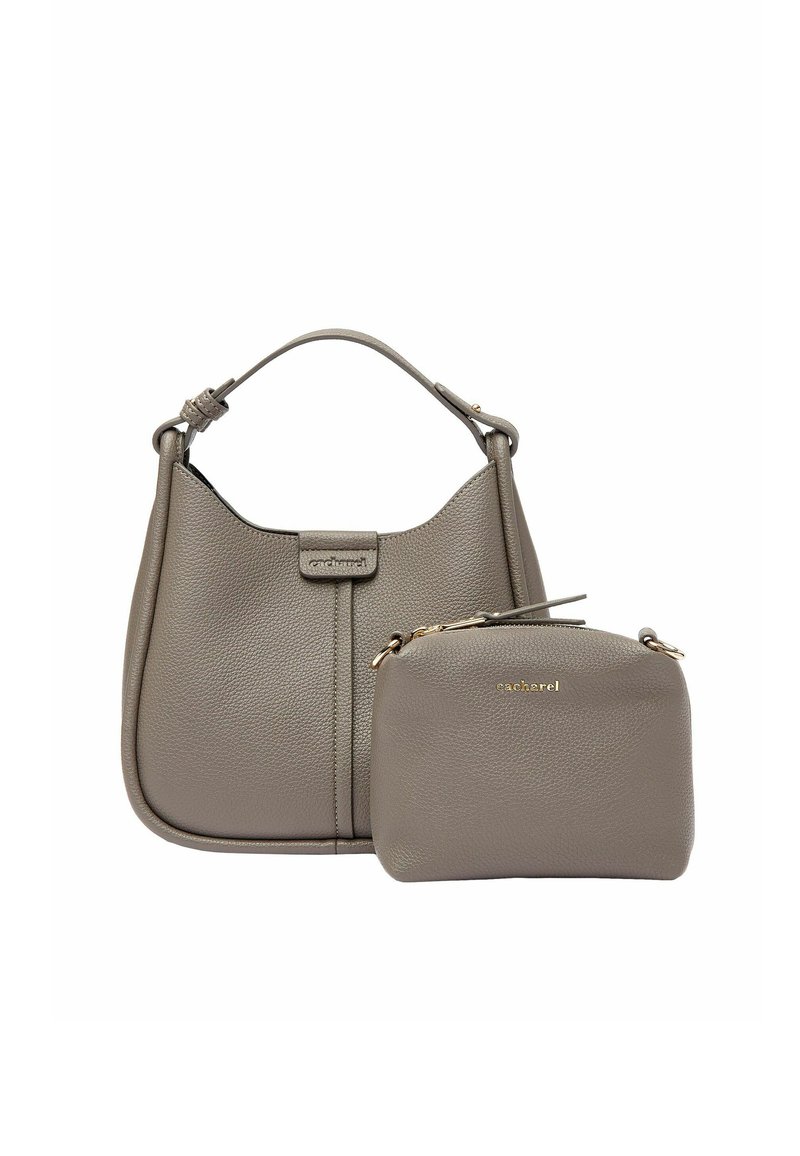 Borsa in pelle grigia a granuli con parte superiore curva, manico corto e una piccola pochette coordinata. Presenta un logo dorato e dettagli con zip.