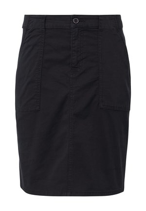 Jupe en coton noir avec deux poches avant, fermeture à bouton à la taille et design droit. Présente des détails cousus le long des coutures.