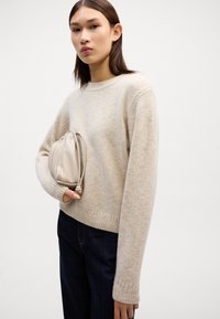 Beige gebreide trui met een ronde hals en ribgebreide manchetten, gecombineerd met een lichtgekleurde, textuurachtige handtas. Donker denim jeans zichtbaar.
