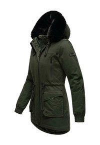 Green parka jacket made of durable fabric, featuring a black fur-lined hood, adjustable drawstrings, and multiple zippered pockets.