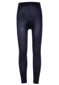 Collant opachi blu navy con texture liscia, cintura elastica e design aderente, dotati di punta rinforzata e senza cuciture visibili.