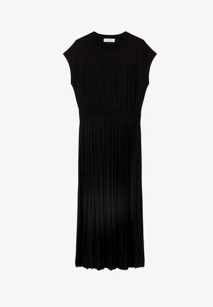 Abito maxi nero con maniche corte a campana, caratterizzato da un corpetto aderente e una gonna plissettata fluida. Realizzato in materiale morbido e elastico.