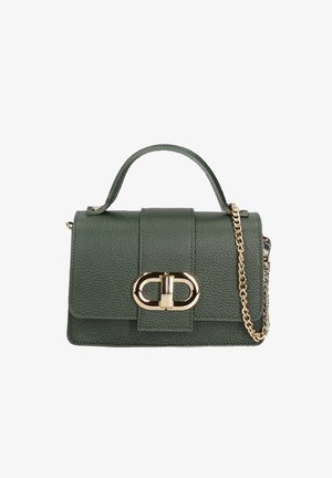 Borsa a mano in pelle verde texturizzata con chiusura in metallo dorato, manico superiore e tracolla removibile. Forma rettangolare compatta.