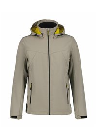 Veste imperméable beige au design léger, dotée d'une capuche à doublure jaune, de poches zippées et d'accents noirs aux poignets et aux zips.