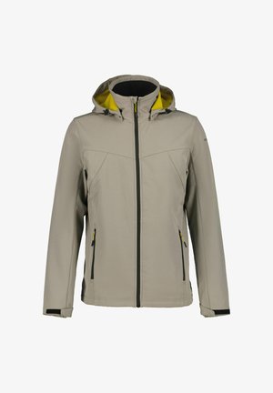 Beige wasserdichte Jacke mit leichtem Design, ausgestattet mit einer gelb gefütterten Kapuze, mit Reißverschlusstaschen und schwarzen Akzenten an den Bündchen und Reißverschlüssen.