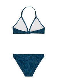 Teal bikiny set s trojuholníkovým halter topom s tigrovaným vzorom a zodpovedajúcim nízkym spodkom, oboje vyrobené z elastickej tkaniny.