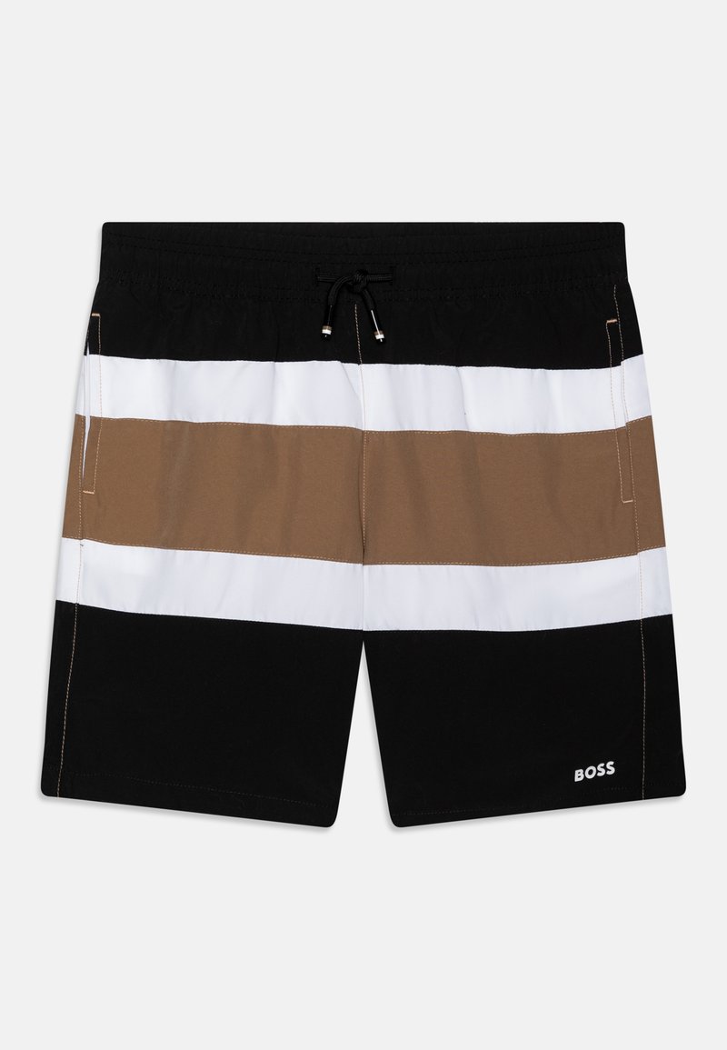 Shorts de bain avec des rayures horizontales en noir, blanc et marron. Taille élastique avec cordon de serrage et poches latérales. Logo en bas.