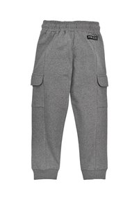 Graue Sweatpants aus weichem Material, mit elastischem Bund, zwei Cargo-Taschen und Rippstrickbündchen an den Knöcheln.