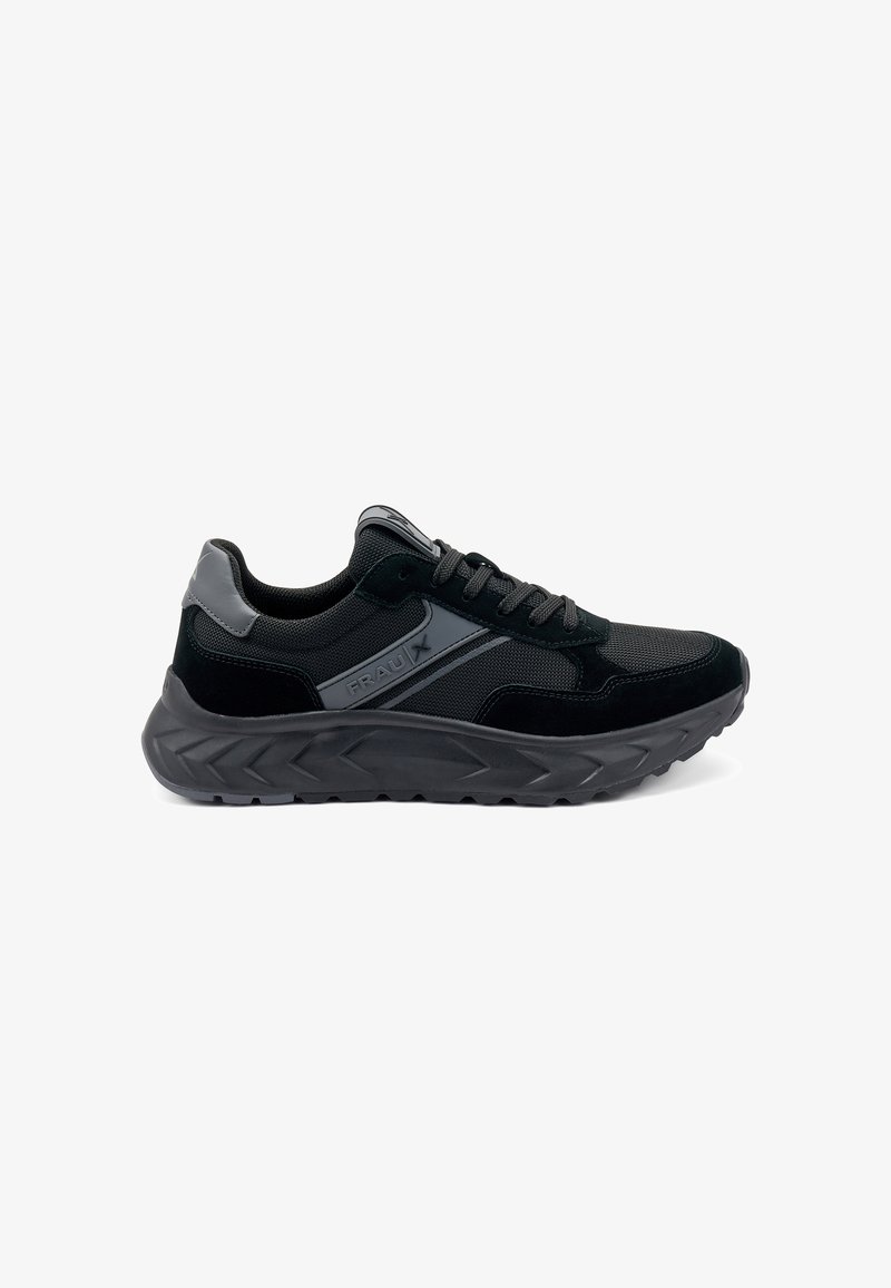 Scarpe da ginnastica nere realizzate con una combinazione di materiali in rete e scamosciato. Punta arrotondata, suola in gomma spessa con un motivo a zigzag e rifiniture lucide.