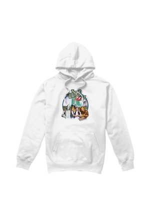 White hoodie with "The Wizard of Oz" text and graphic featuring the Tin Man, Dorothy, Scarecrow, and Cowardly Lion on front.