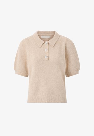 Beige short-sleeve knit polo shirt with a ribbed collar, three decorative flower-shaped buttons, and ribbed hem.