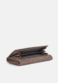 Brown leather wallet with a textured finish, featuring a zip closure and interior compartments for cards and cash, folded open.