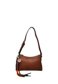 Borsa Pollini in pelle marrone con tracolla regolabile, cerniera dorata e nappine decorative intrecciate in blu navy e arancione.