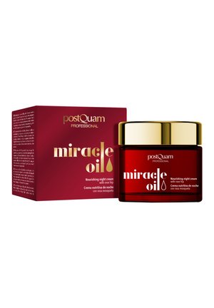 Crema nocturna nutritiva PostQuam Professional Miracle con aceite de rosa mosqueta en tarro rojo con tapa dorada y caja de producto roja a juego.