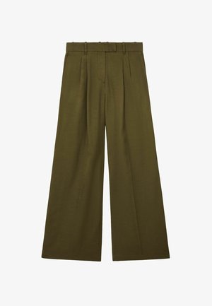 Olívazöld bőszárú nadrág övbújtatókkal, elülső hajtásdíszítéssel, oldalzsebekkel és rejtett elülső rögzítéssel.