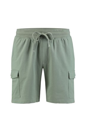 Groene katoen vrachtshorts met een elastische tailleband, trekkoorddetail en twee zijzakken. Soepele textuur en ontspannen pasvormontwerp.