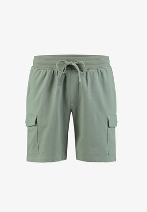 Groene katoen vrachtshorts met een elastische tailleband, trekkoorddetail en twee zijzakken. Soepele textuur en ontspannen pasvormontwerp.