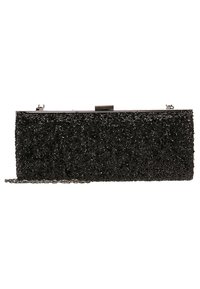 Pochette noire avec une surface texturée et perlée. Forme rectangulaire, fermoir métallique et bandoulière amovible en chaîne pour un port polyvalent.