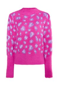 Maglione peloso rosa con scollo rotondo e maniche lunghe, decorato con un motivo a macchie leopardate viola chiaro.
