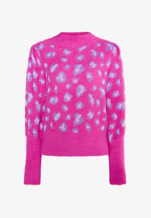 Fluffy roze trui met een ronde halslijn en lange mouwen, versierd met een lichtpaarse luipaardpatroon over de gehele trui.