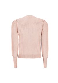 Pull rose pâle côtelé avec un col rond, des manches longues et des détails bouffants aux épaules. Texture douce, silhouette ajustée et poignets côtelés.