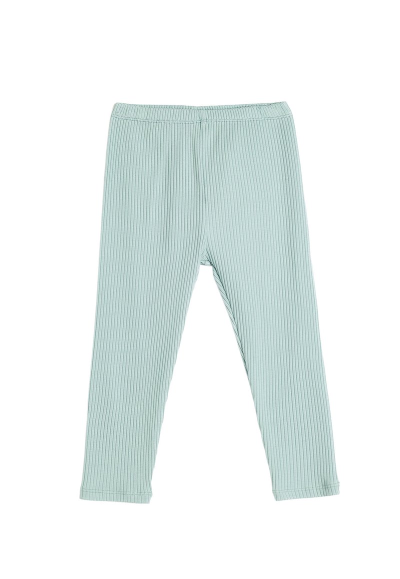 Leggings acanalados en verde menta con una cintura elástica. El material presenta rayas verticales y un acabado suave, ligeramente texturizado.