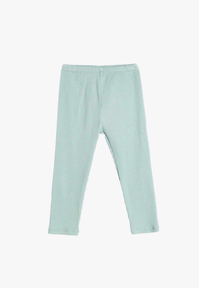 Leggings acanalados en verde menta con una cintura elástica. El material presenta rayas verticales y un acabado suave, ligeramente texturizado.