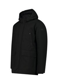 Sort parka-jakke med hætte, forreste tryklås-lommer, en glat tekstur, justerbare snøre og et minimalistisk design.