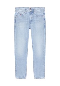 Lyseblå denimjeans med rett ben-design, fem lommer og knappestolpe. Har subtile falminger og sømdetaljer.