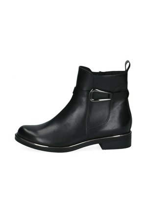 Black leather ankle boot with silver buckle detail, low heel, and pull tab at the back, shown from the outer side.
