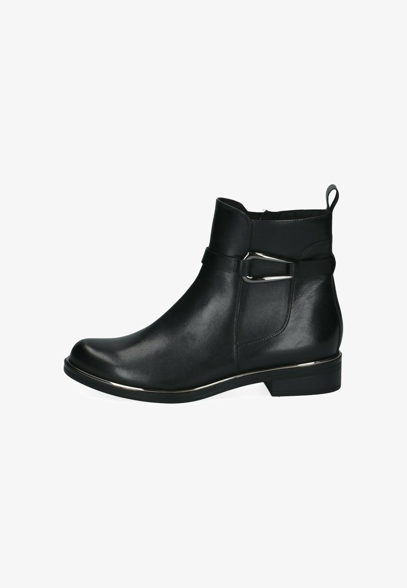 Bottine noire en cuir avec détail de boucle argentée, talon bas et languette à l'arrière, vue du côté extérieur.