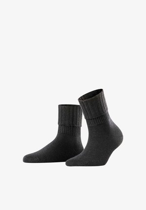 Dark gray ribbed ankle socks with a thick cuff, featuring a smooth texture and seamless toe design.