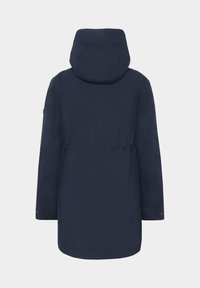 Marinblå vattentät jacka med huva, åtsittande midja och långa ärmar. Har mjuk textur och minimalistisk design med rak skärning.