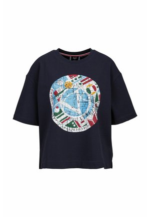 Marineblauwe oversized t-shirt gemaakt van katoen, met een ronde, multicolor grafische print van kaarten en symbolen op de voorkant.