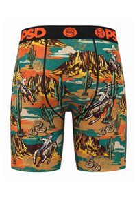 Un caleçon avec un motif sud-ouest comprenant des cactus, des cowboys et des montagnes. Les couleurs incluent le turquoise, l'orange, le marron et la crème. Ceinture avec logo PSD.