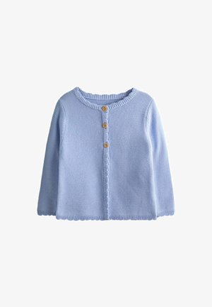 Hele sinine kootud beebikardigan pikkade varrukatega ja ees kolm pruuni nööpi.