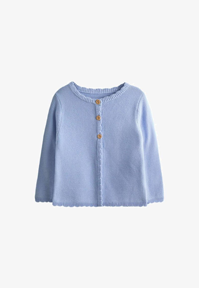 Hele sinine kootud beebikardigan pikkade varrukatega ja ees kolm pruuni nööpi.