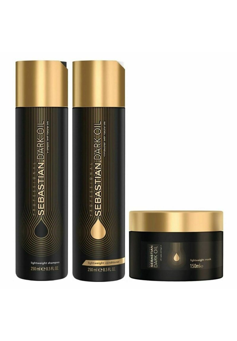 Sebastian Dark Oil set featuring two black bottles with gold accents for shampoo and conditioner, plus a black jar for a lightweight mask.