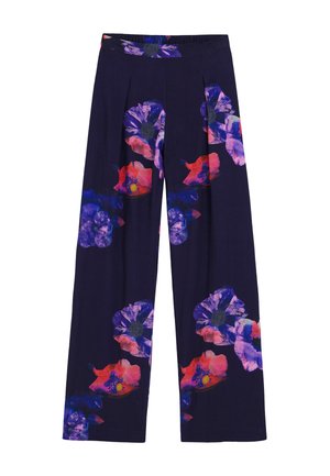 Wide-leg trousers made of dark fabric featuring large, vibrant floral patterns in shades of pink, blue, and purple with a pleated front.