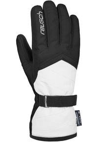 Gant de neige noir et blanc avec une paume texturée noire, un design rembourré, une sangle de poignet ajustable et un logo de marque à l'arrière.