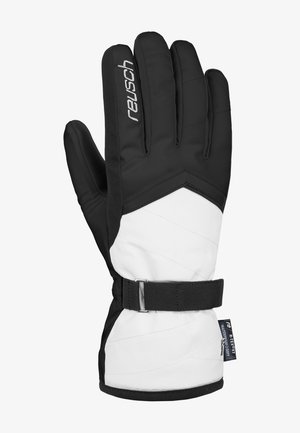 Black and white winter glove featuring a textured black palm, padded design, adjustable wrist strap, and branded logo on the back.