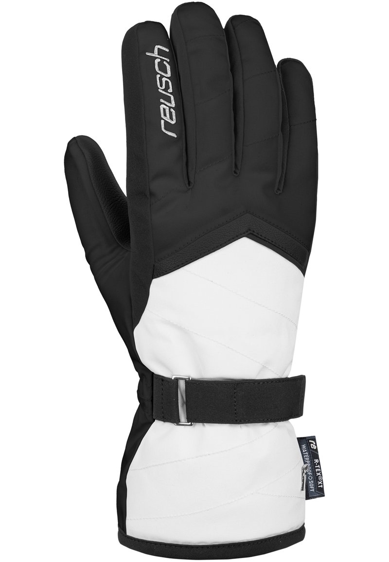 Gant de neige noir et blanc avec une paume texturée noire, un design rembourré, une sangle de poignet ajustable et un logo de marque à l'arrière.