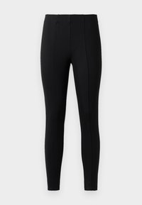 Leggings neri a vita alta con cuciture verticali visibili sul davanti, caratterizzati da una vestibilità slim e elastica che si estende fino alle caviglie.