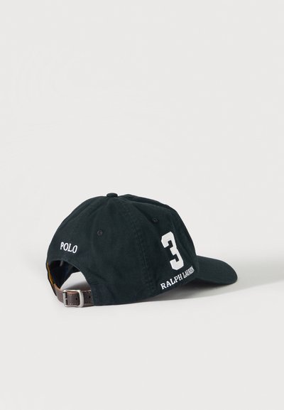 Black baseball cap with white number three and Ralph Lauren text, adjustable brown strap, and Polo branding on the side.